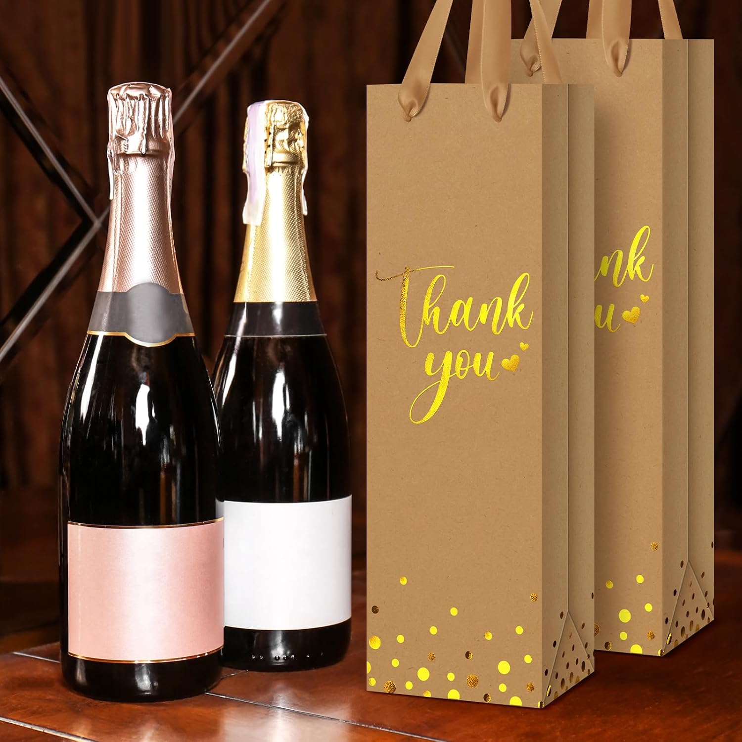 Ctosree 30 Pcs Wine Bottle Gift Bag with Handle 4.3x3.5x13.7 Liquor Paper Bag for Thank You Favor Gold Foil Kraft Whiskey Tote Carrier for Graduation Party Wedding Birthday(Brown)
