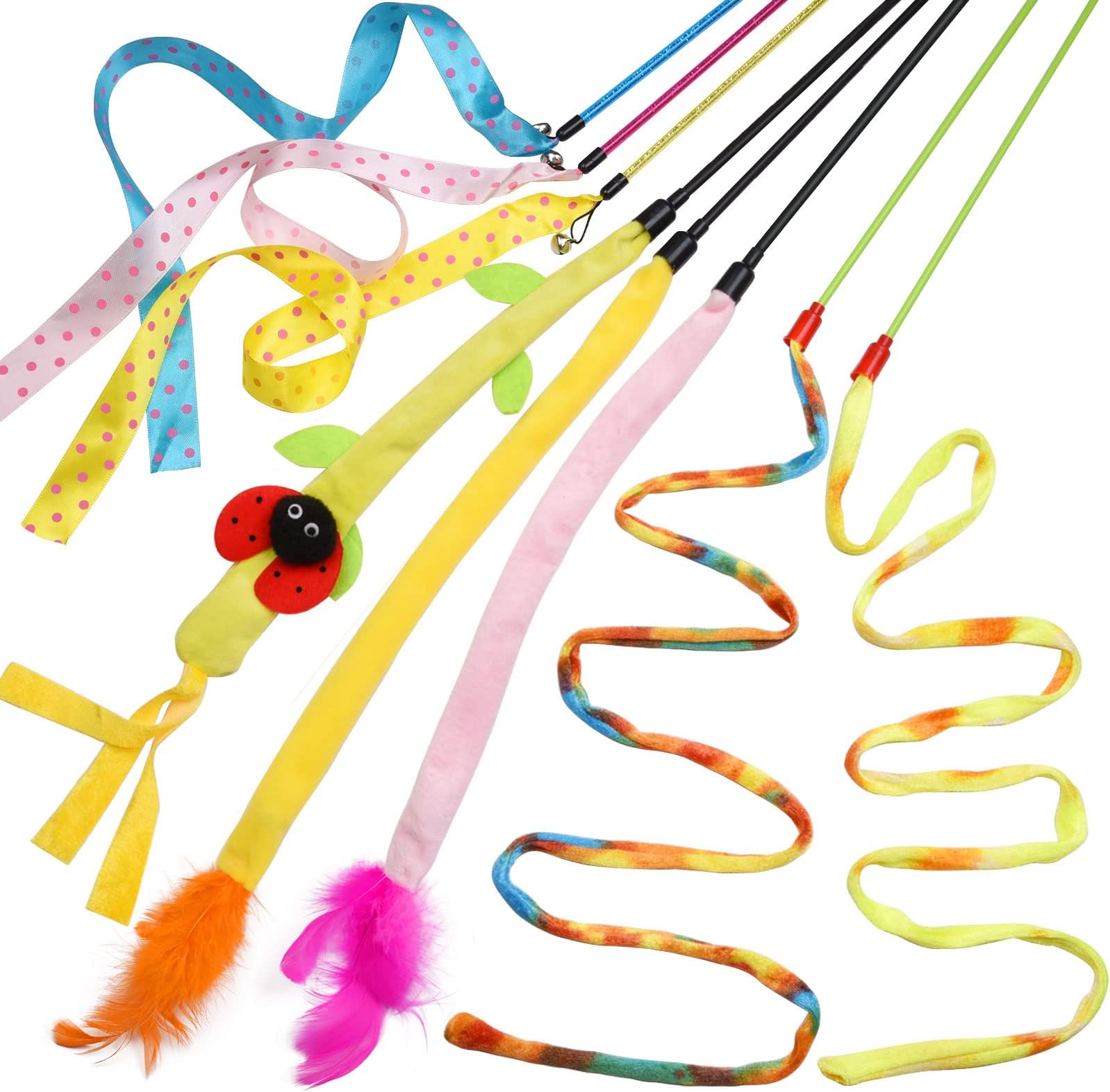 onebarleycorn Cat Toys for Indoor Cats, Cat Ribbon Toy Wand Cat string Toys for Kitten and Cats (8 PCS)