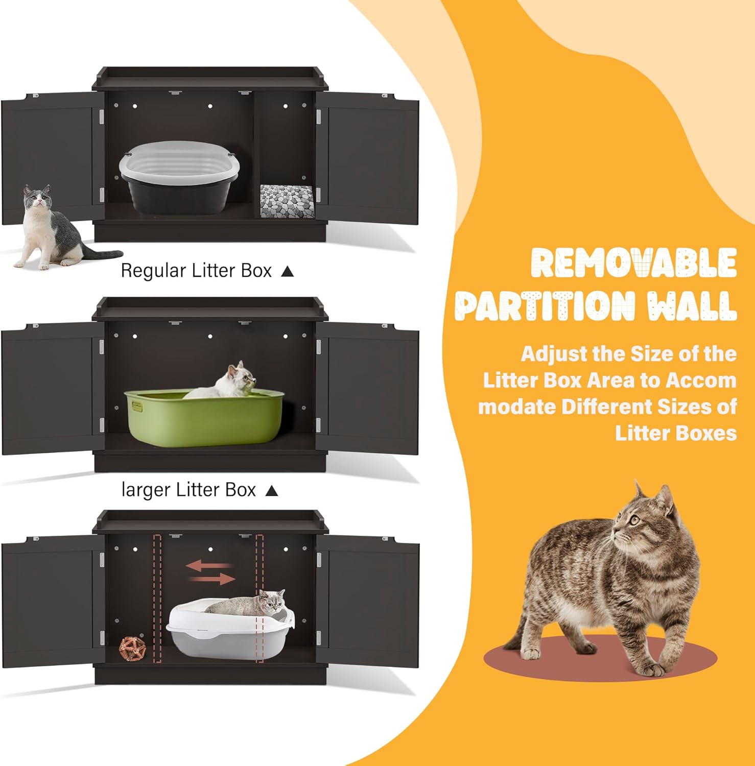 ZENY Cat Litter Box Enclosure Furniture Hidden, Wooden Cabinet with Divider, Modern Cat Washroom Storage Bench，Fit Most of Litter Box, Brown