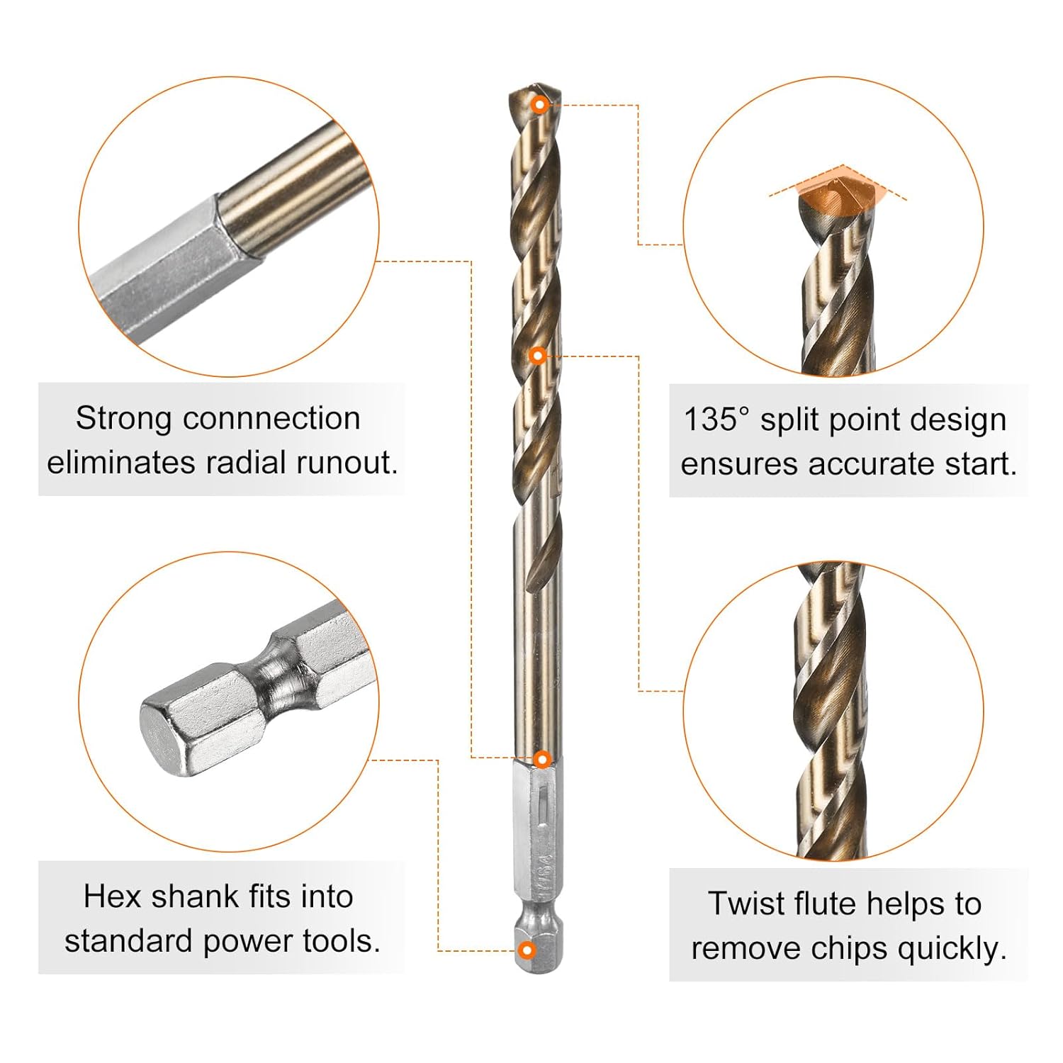 HARFINGTON 10pcs 1/4" Hex Shank Drill Bit 17/64" Gold Oxide M35 High Speed Steel Twist Drill Bit 135 Degree Split Point Tip Drilling Tool with Quick Change Hex Shank for Metal Wood Plastic