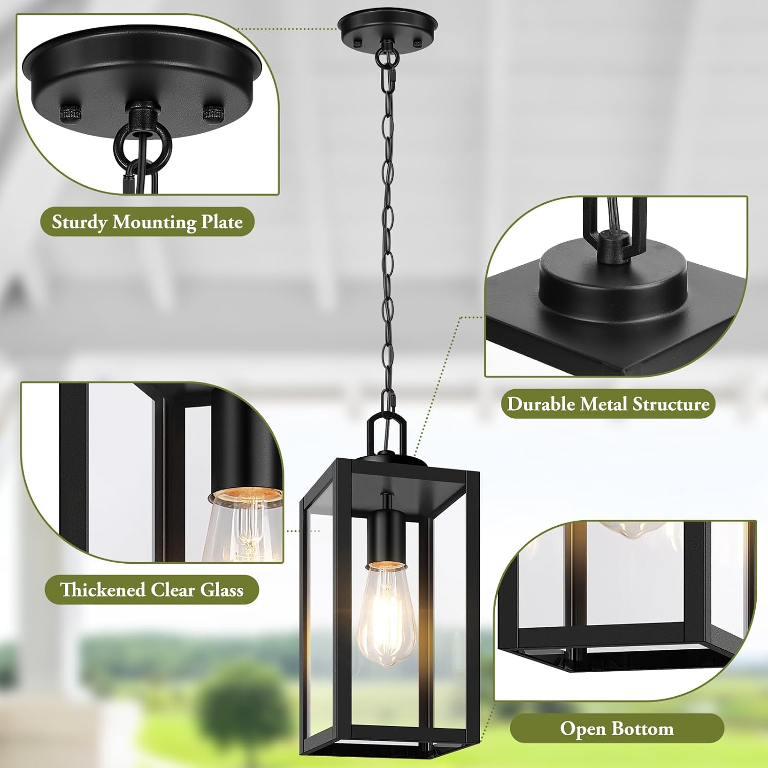 BesLowe 1-Pack Outdoor Pendant Light, 13” Modern Hanging Lantern Light for Outside, Black Exterior Pendant Lighting Fixture with Adjustable Chain, Outdoor Chandelier for Porch, Gazebo, Front Door