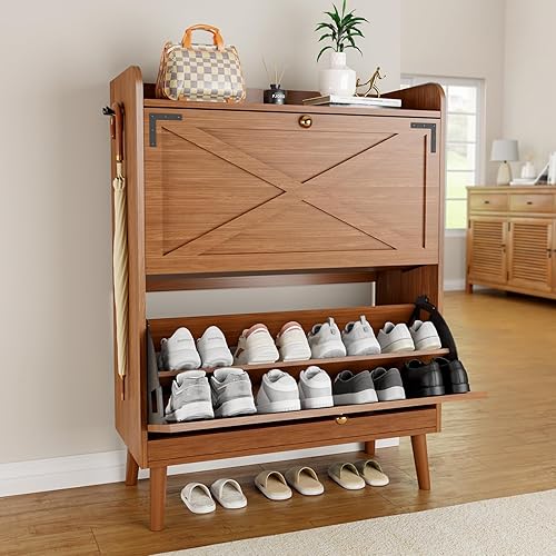 Miniatura 7 de Armario de almacenamiento de zapatos con 2 cajones abatibles, organizador de zapatos independiente con ganchos laterales, armario estrecho para