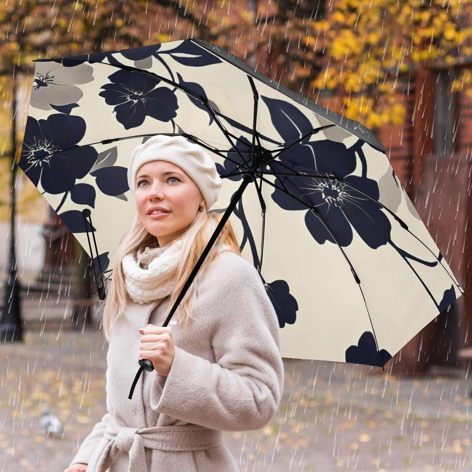 UPF 50+ Large Travel Umbrella Flower Art Black Compact for Rain and Sun - One-Click Automatic Open and Close - Windproof Portable 46” Sun Umbrella