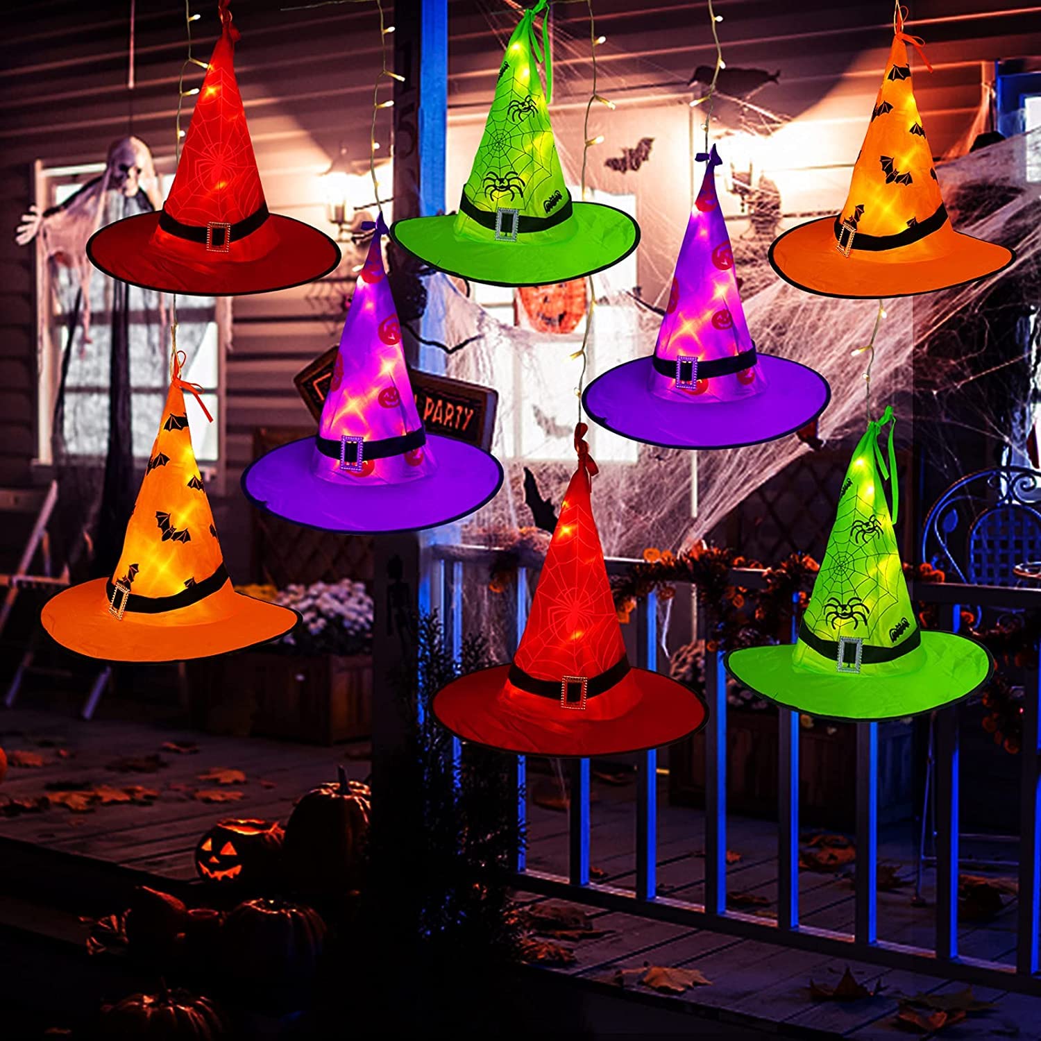 WUJUN8Pcs Halloween Decorations Outdoor Witch Hats Lights, 36ft Hanging Lighted Glowing Witch Hats with 104LED Halloween Lights String For Indoor, Outdoor, Yard, Tree Decor