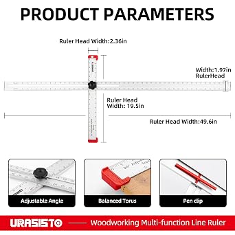 URASISTO 48 Inch T-Square Tool, Aluminum Adjustable Drywall T-Square Ruler, Multi Angle Measuring Ruler for Layout and Marking