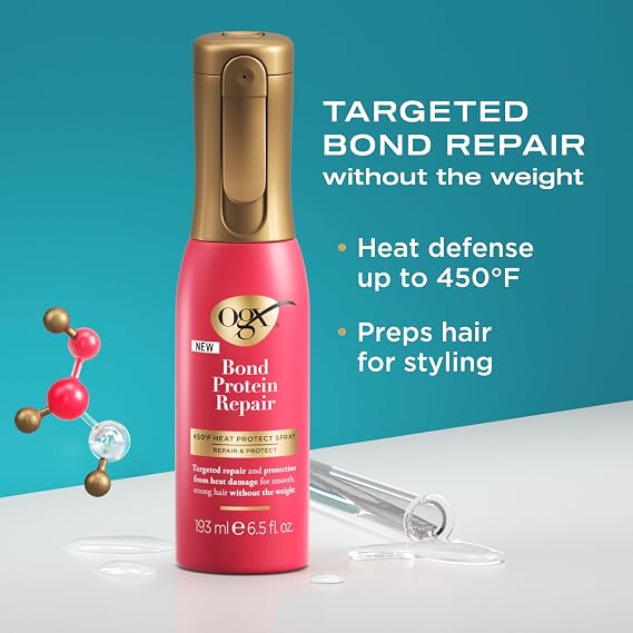 OGX Repair & Protect Bond Protein Repair 450F Heat Protect Spray, Weightless Mist for Nonstop Damage Protection* to All Hair Types, Heat Spray Preps Hair for Styling, 6.5 fl. oz (Pack of 2)