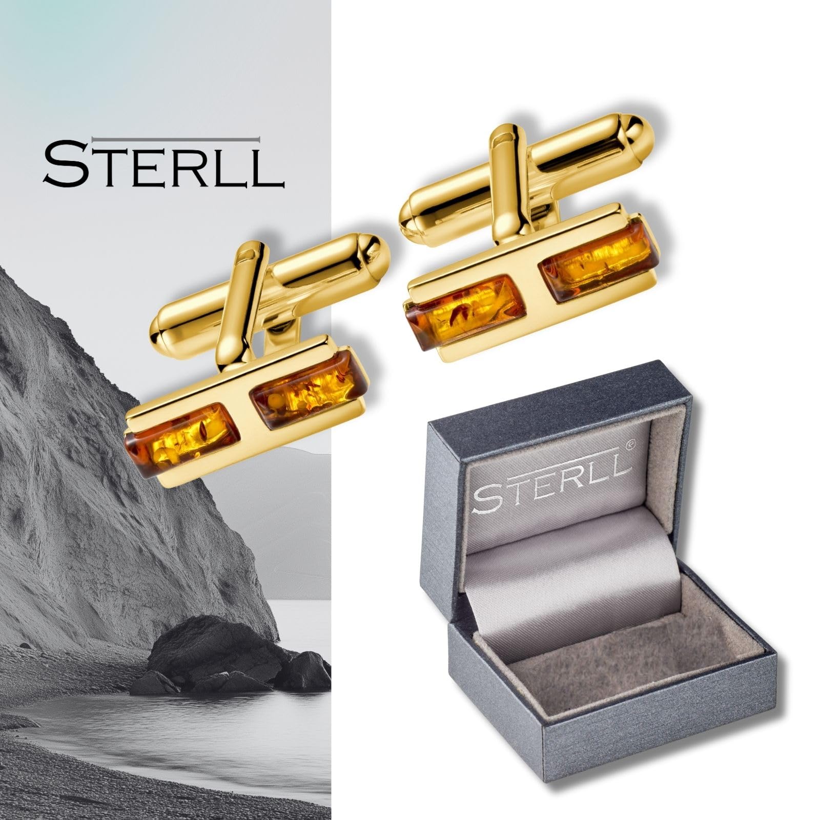 Herren Manschettenknöpfe Aus Vergoldetem Silber Mit Bernstein In Geschenkbox