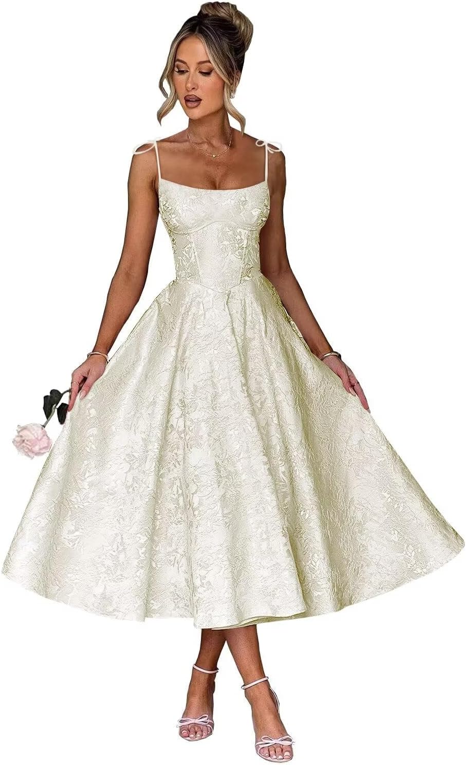 Jacquard Floral Satin Prom Dresses for Women 2026 Spaghetti Straps A-Line Midi Formal Evening Party Gown with Pockets