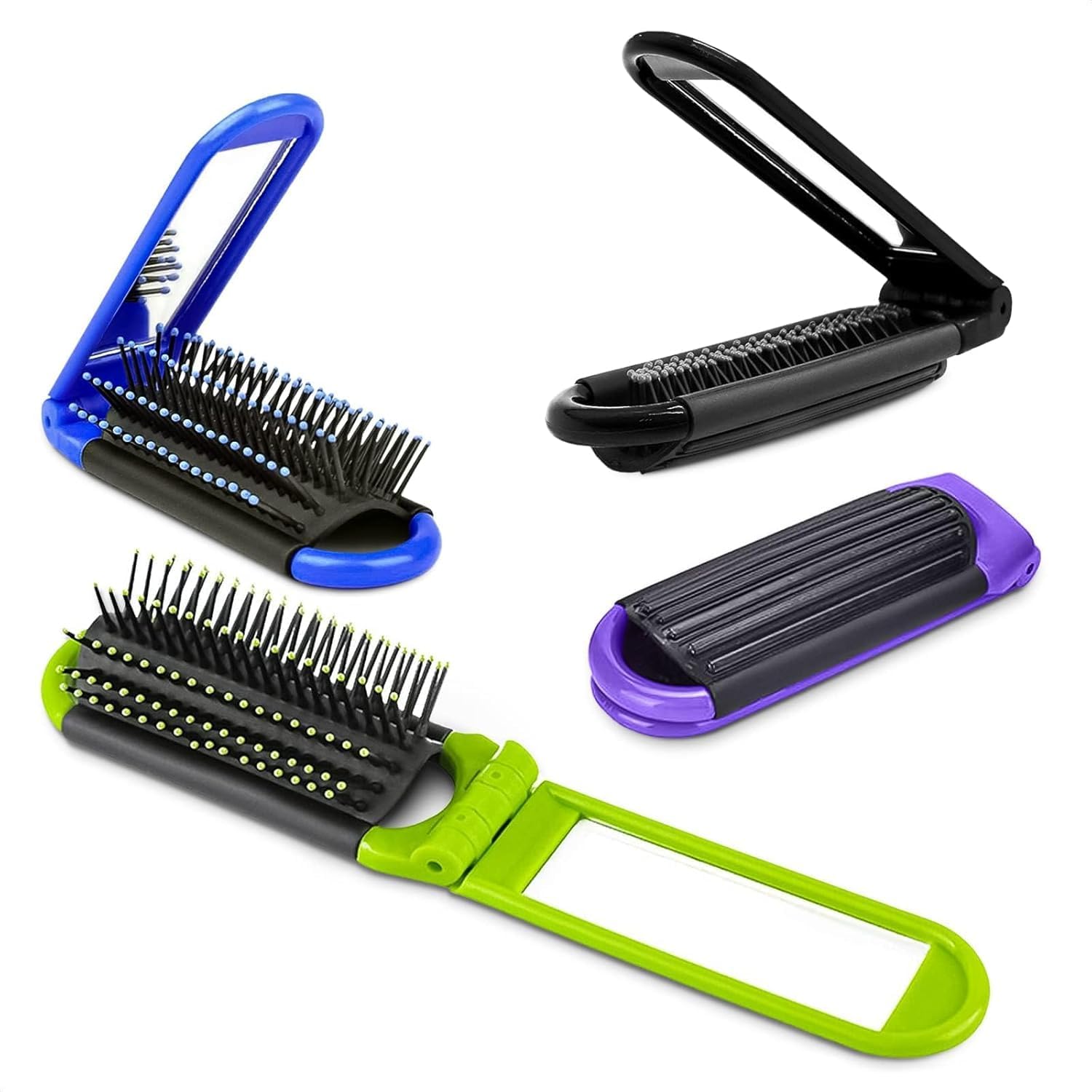 4 Pcs Folding Travel Hair Brush for Purse - 4.25 × 1.49" Small Travel Brush with Mirror and Flexible Nylon Bristles, Set of Lightweight Purse Brushes
