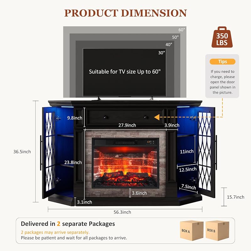 HolliWill 56" Corner Fireplace TV Stand with Outlet/LED Lights, White/Brown image 2