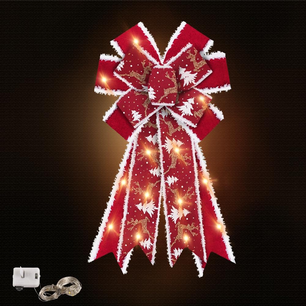 Hying Large Christmas Bows for Wreath, LED Light Red Velvet