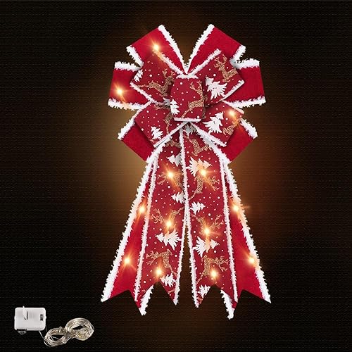 Hying Lazos grandes de Navidad, lazo de corona de terciopelo rojo claro LED para decoración de invierno, decoración de árbol y adorno de Navidad