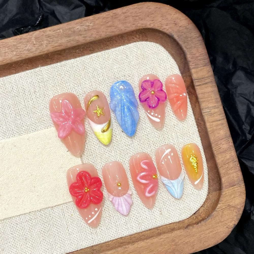 10pc Long Almond Press On Nails Featuring Green Flowers Starfish Shell Designs And Golden And Pearl Accents Fake Nails Manicure Decorations(Large)