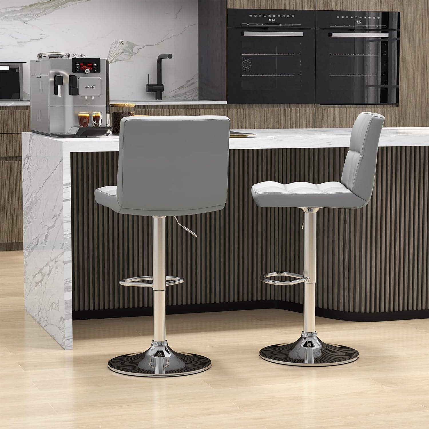 COSTWAY Adjustable Bar Stools Set of 2, Modern Swivel PU Leather Bar Chair with Backrest, Soft Cushioned Seat, Footrest, Sturdy Metal Frame, Comfortable Barstools for Kitchen Island, Pub, Grey