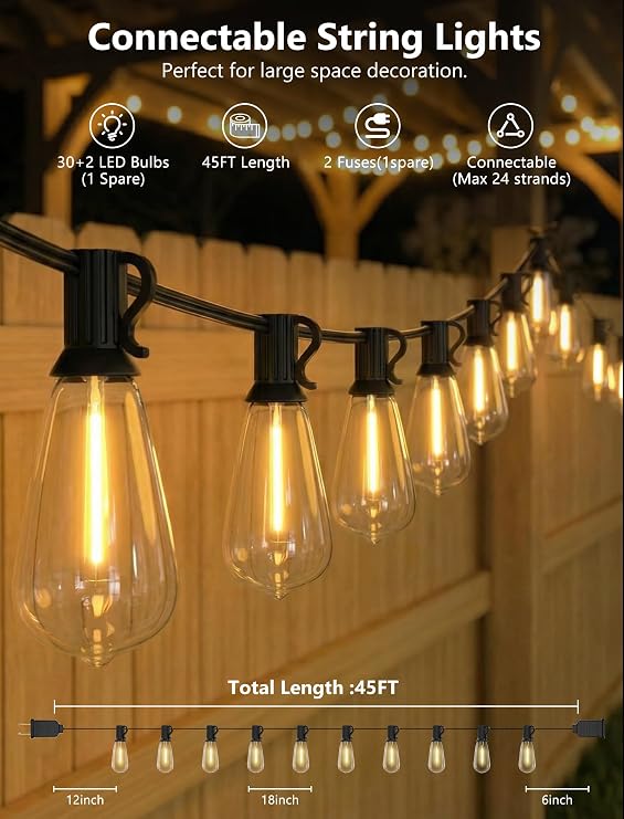 45FT Outdoor String Lights, 30 ST40 Edison LED Patio Lights