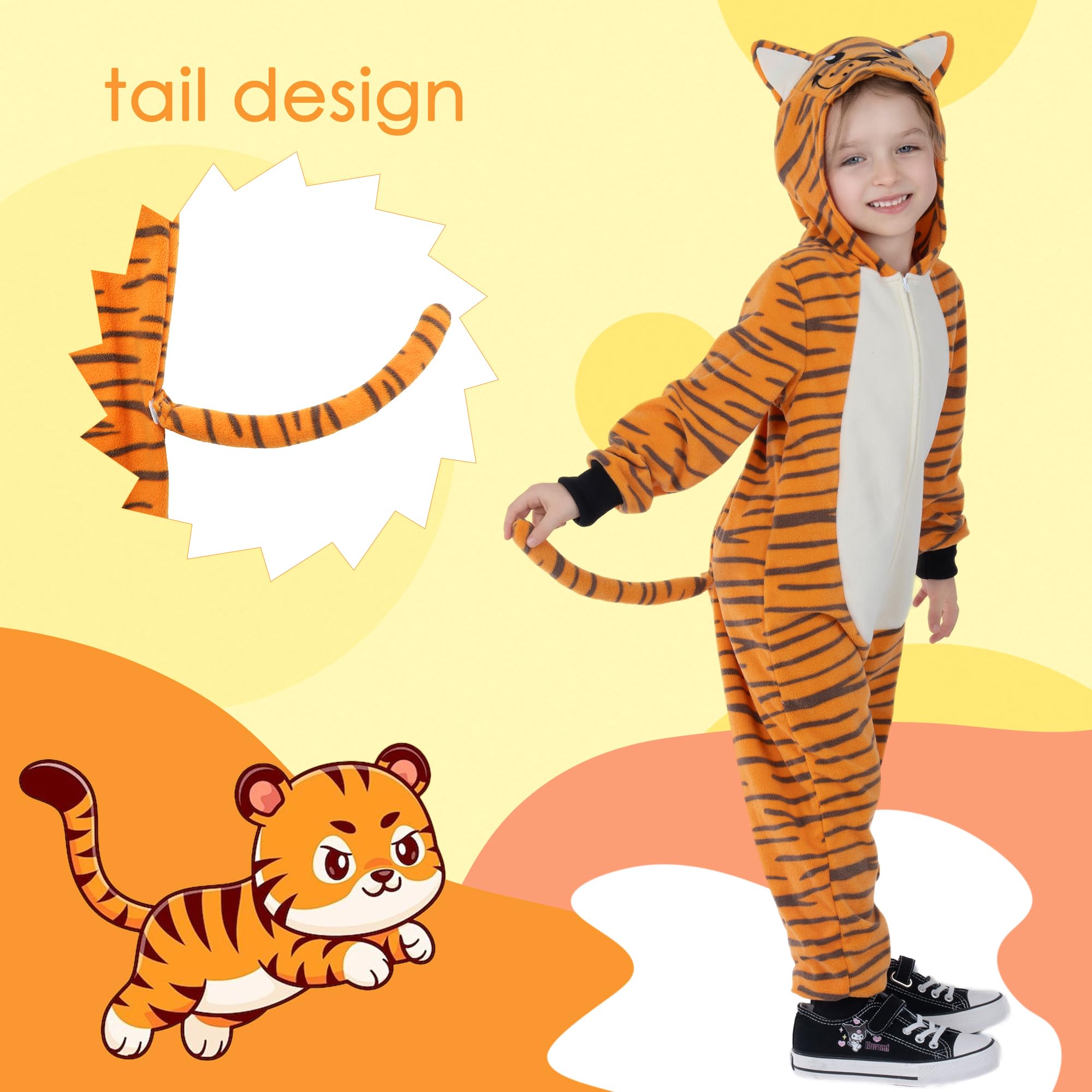 Wizland Kids Tiger Onesie Costume Set,Tiger Jumpsuit with Tail,Animal Costume Outfit for Unisex Boys and Girls XL 10-12 - Image 2