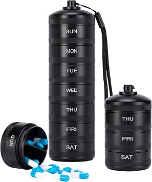 XHT Metal Pill Organizer 2 Times a Day, 7 Day Travel Pill Case, Black