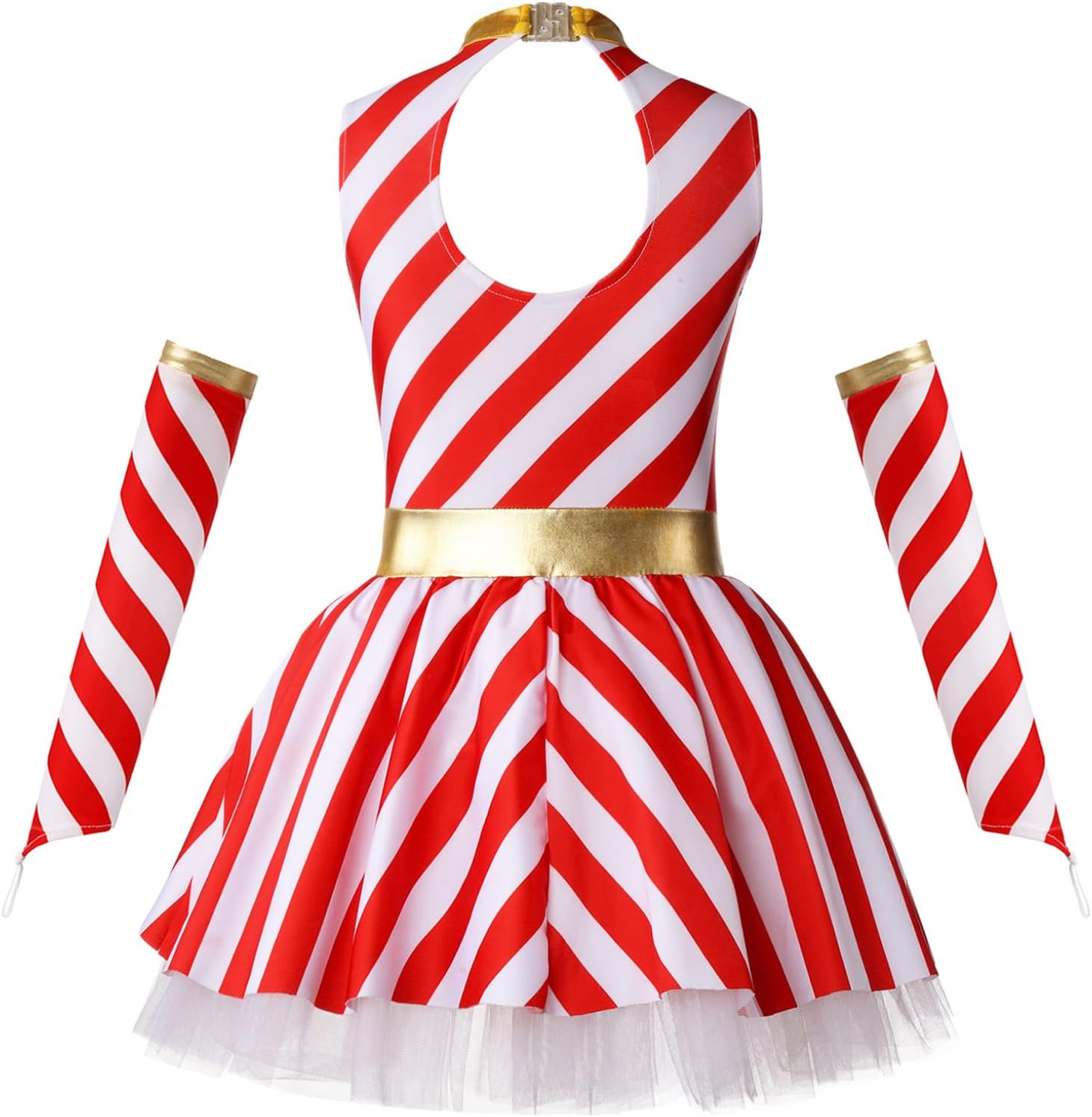Hansber Kids Girls Christmas Dance Dress Candy Cane Striped Ballet Dance Figure Skating Dress with Oversleeves