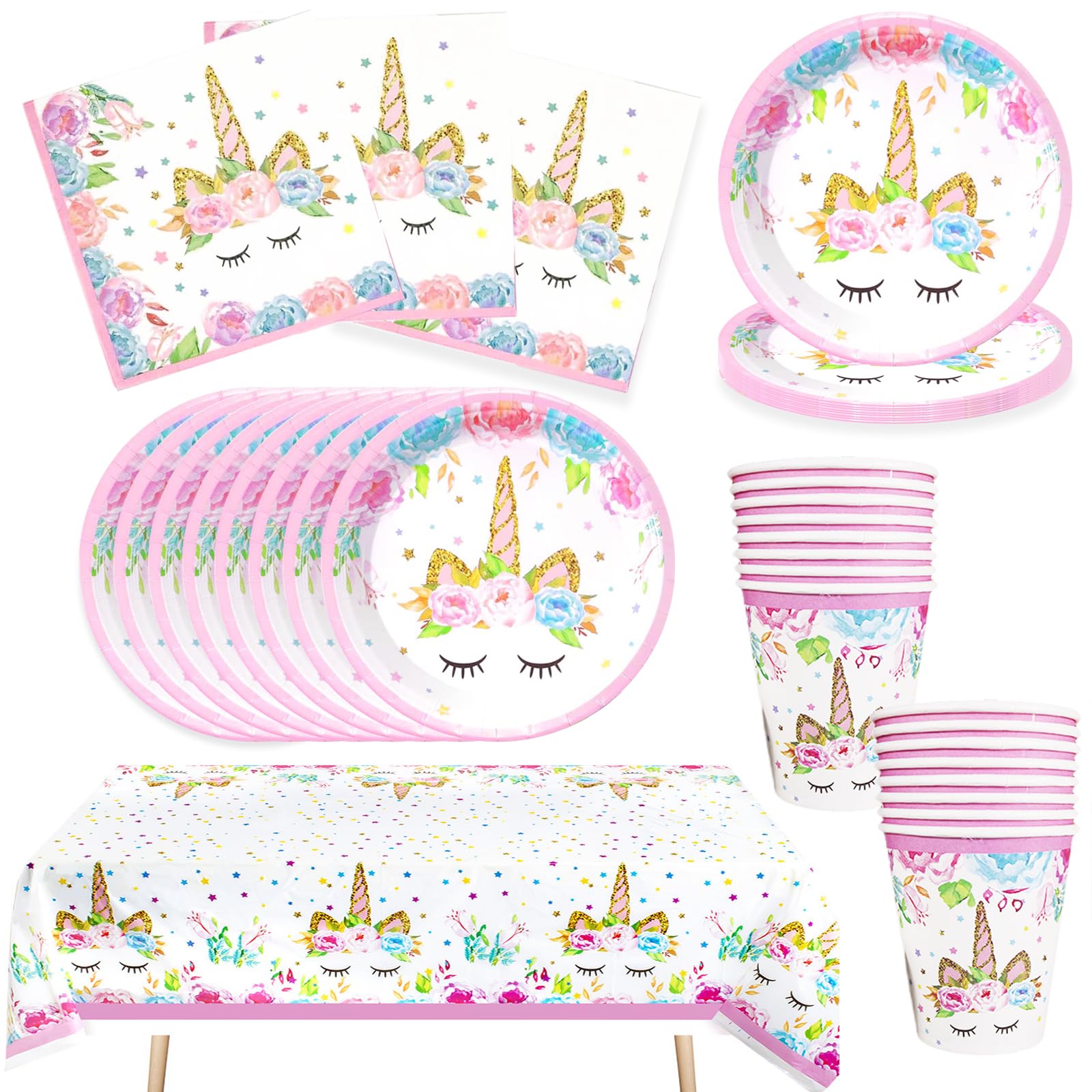 Bikasun Einhorn Partygeschirr Set, 16 Gäste Unicorn Teller Set, Einhorn Geburtstag Geschirr, Kindergeburtstag Pappteller Teller Tassen Servietten Tischdecke Party Deko