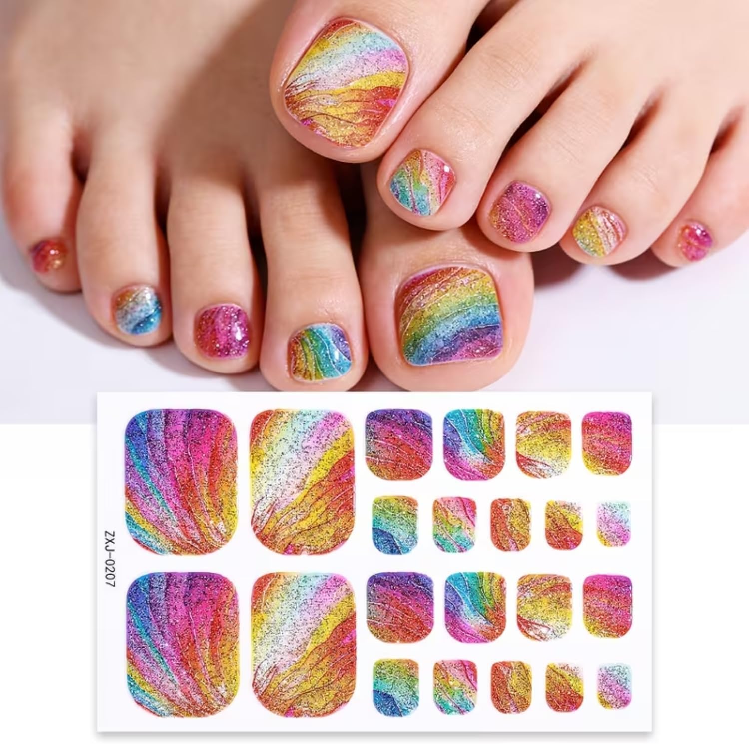 6 Sheets Dopamine Rainbow Glitter Toe Nail Wraps, Gradient Shimmer Full Cover Toenail Stickers, Self Adhesive Summer Nail Polish Strips, 3D Colorful Toe Nail Decals for Women DIY Manicure Decorations