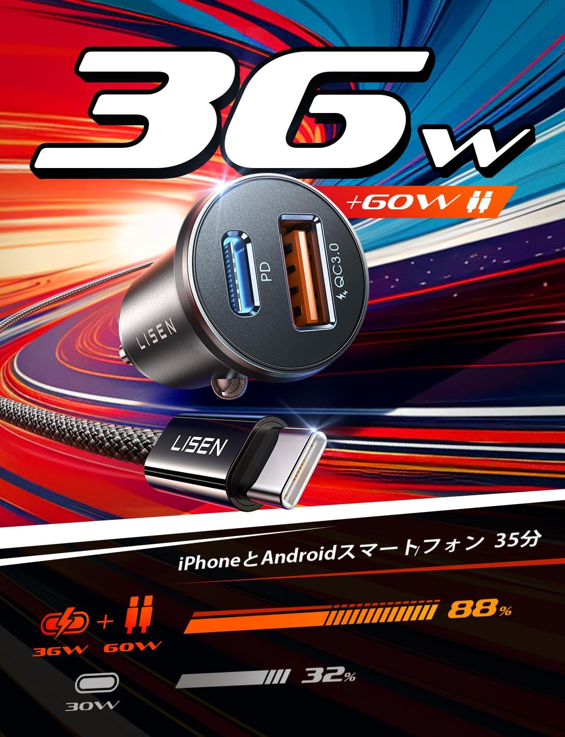 シガーソケット 充電器【2025最強のコスパ・ステルス設計】PD36W USB-C+60W急速充電ケーブル付属