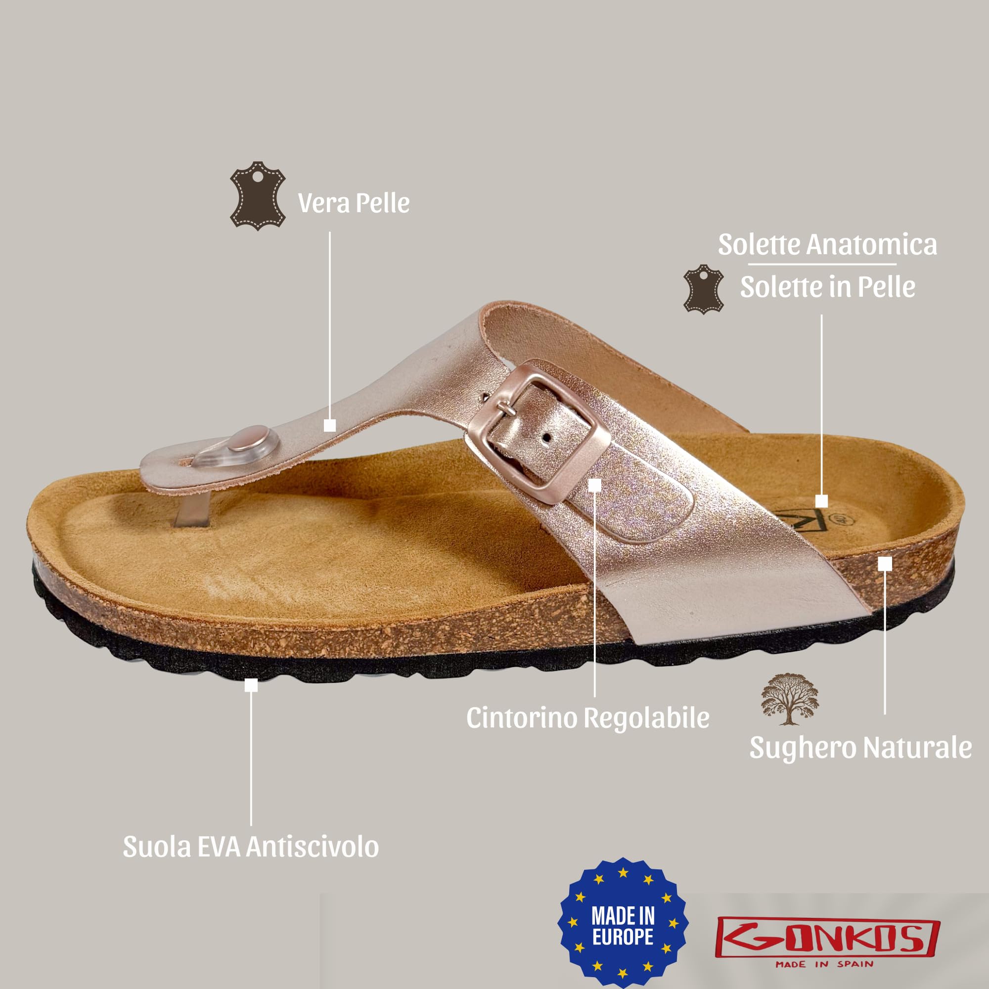 Sandali in pelle, Sottopiede anatomico in sughero, Vera pelle, Sughero naturale, Fibbia regolabile, Infradito unisex, Suola antiscivolo in EVA, Sandalo di qualità Made in Spain