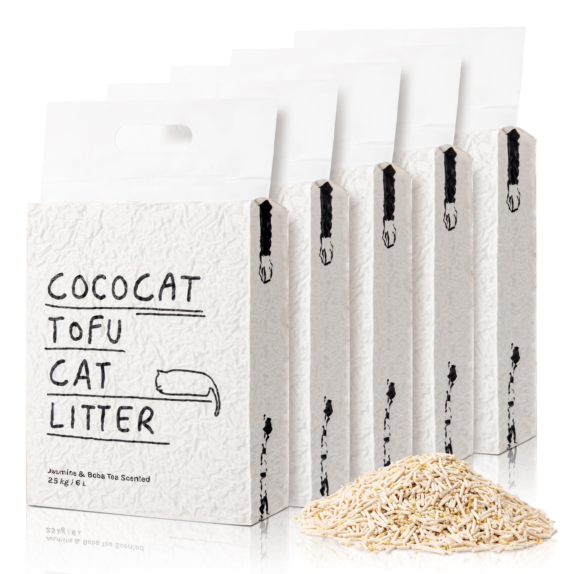 Cococat Tofu Cat Litter (5x2.5kg/6L bag) Strong Clumping, Flushable, Dust-free, Easy Scooping, Biodegradable, Jasmine Milk Tea Scent For Excellent Odour Control