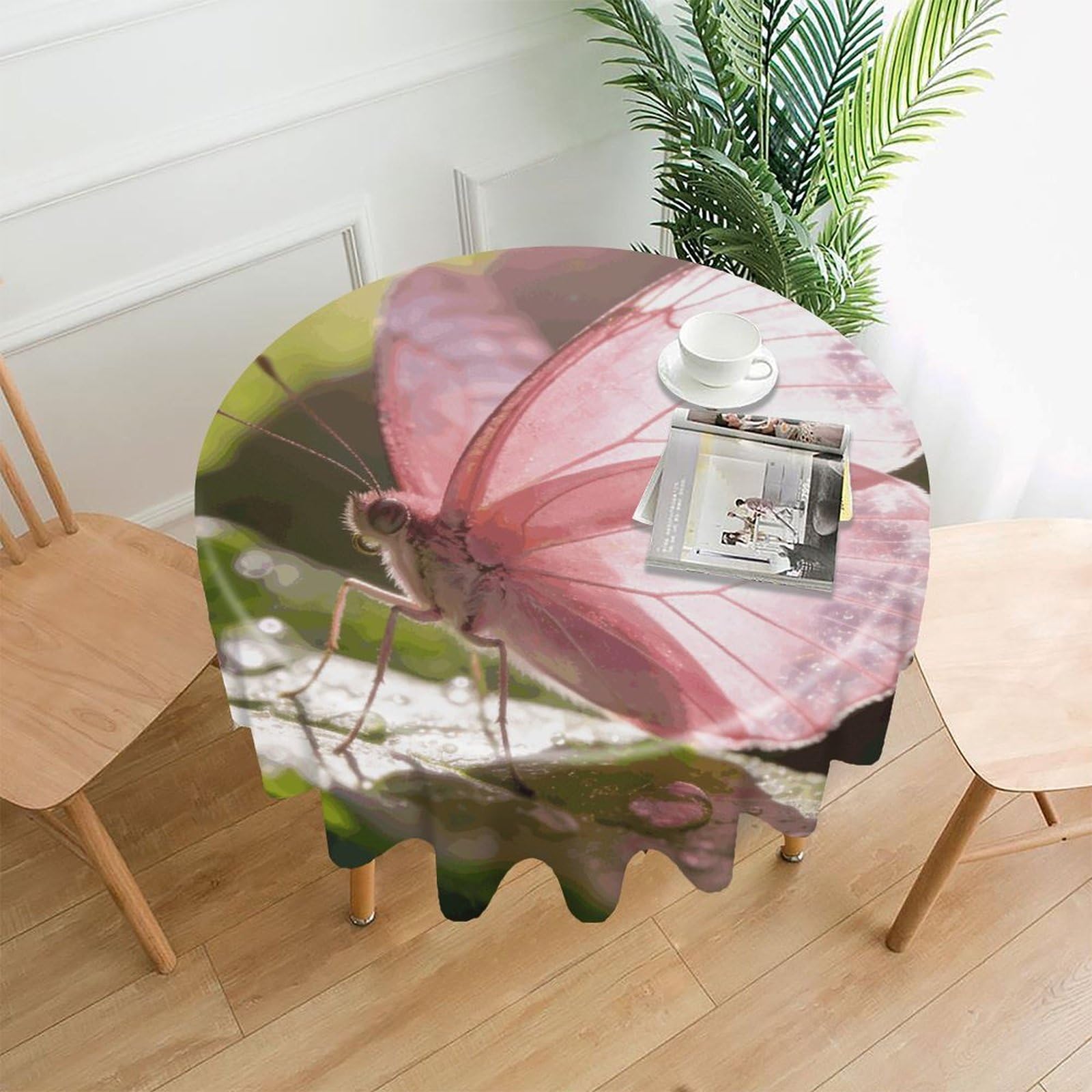 LZQPOEAS Pink Butterfly Tablecloth Easy to Clean Polyester Round Table Cover Washable Round Table Cloth Wrinkle-Free Circle Decoration Tablecloth for Kitchen and Dining Room 60"