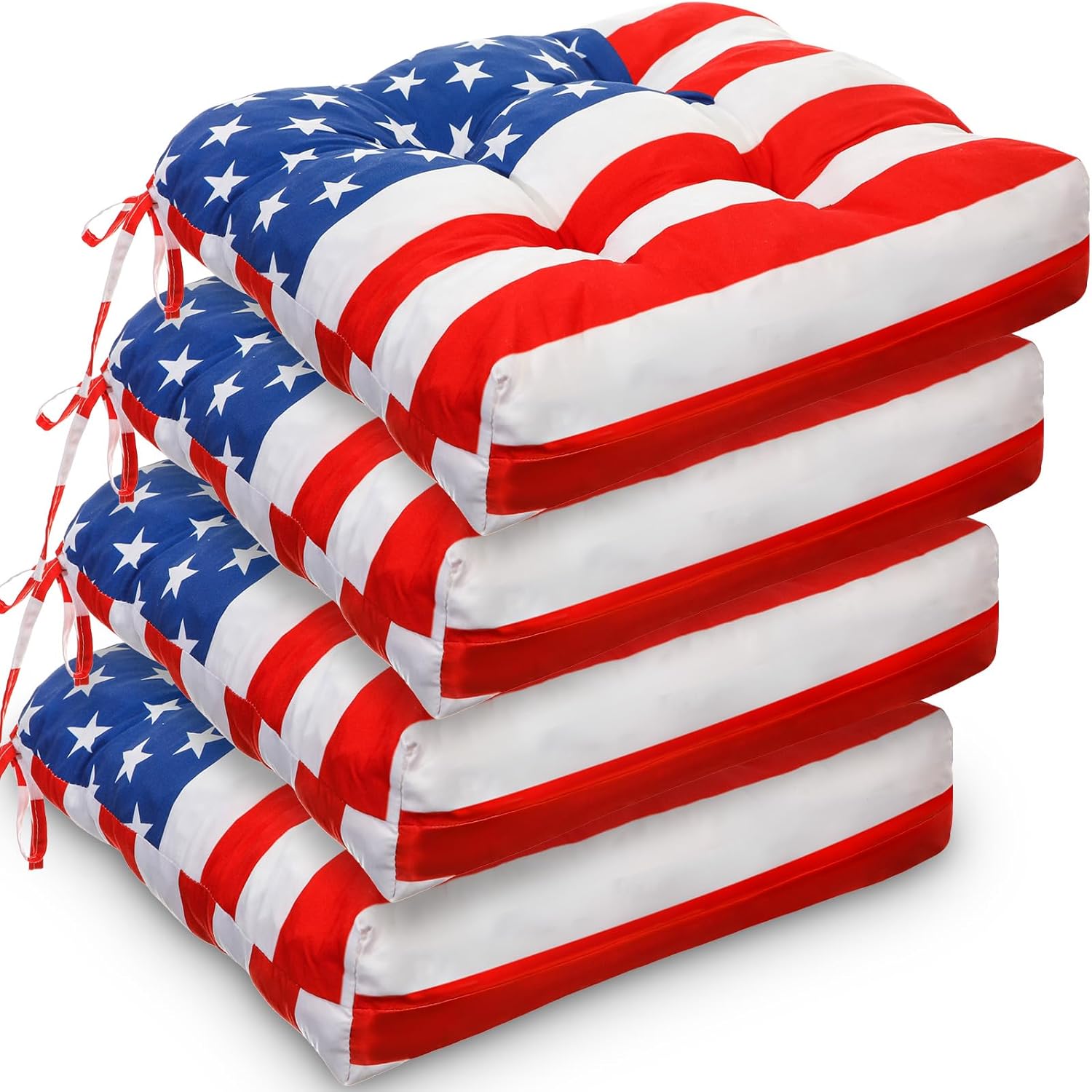 Geetery 4 Pcs July 4th Patriotic Decor Outdoor Chair Cushions with Ties for Patio American Flag Cushion Case for Dining Chairs Kitchen Home Living Room Independence Day Pool(15.5 x 15.5 Inch)
