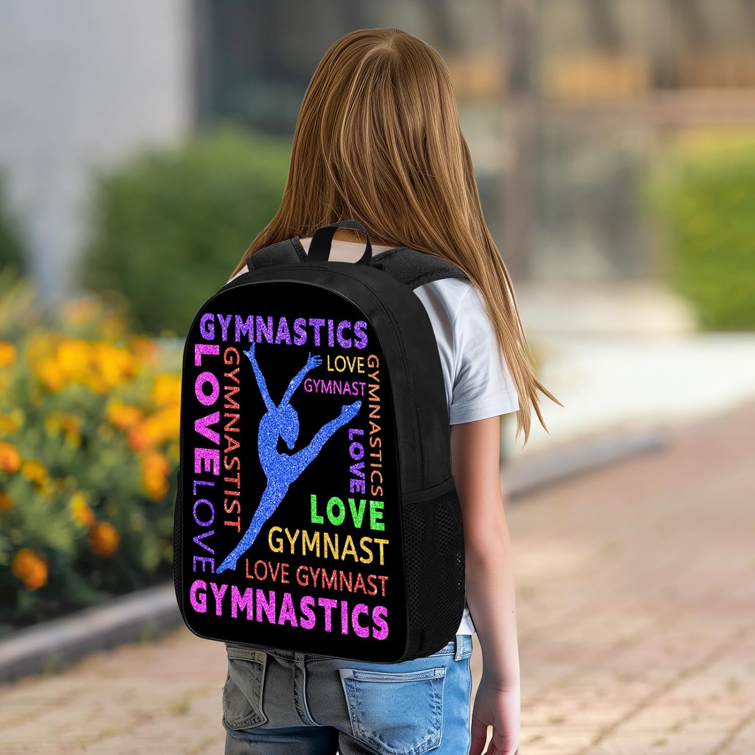 Gymnastics Backpack, Gymnastics Backpack for Girls Women, Colorful Love Gymnast on Black Bookbag, Funny Water Resistant Lightweight School Laptop Bags Casual Travel Daypack 17"
