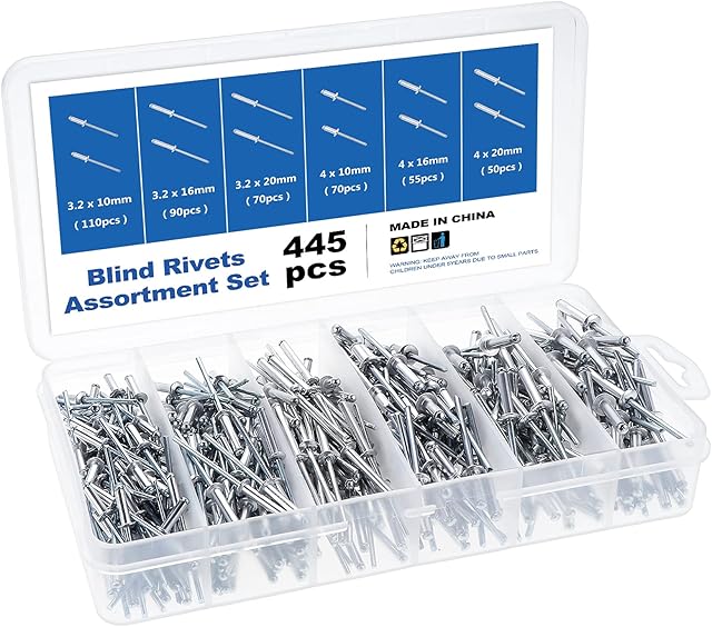 Gueenky 445Pcs Pop Rivets Assortment, 3.2/4 mm Blind Rivets Aluminum Pop Rivets Large Flange, 6 Sizes Dome Head Pop Rivets for Metal Wood Plastic