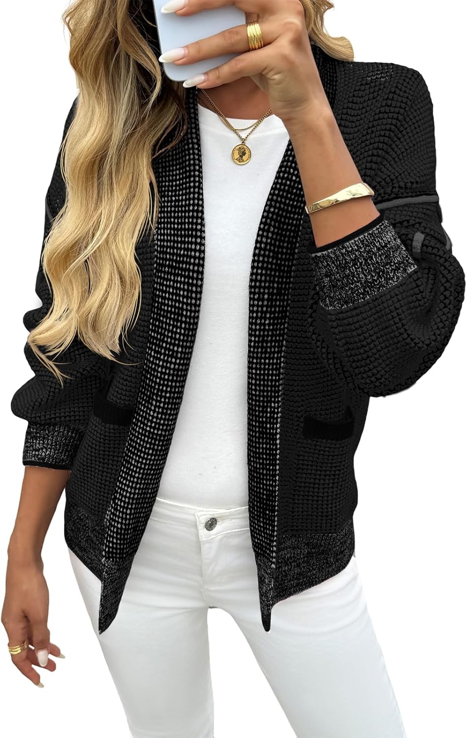 Saodimallsu Womens Open Front Cardigans Long Sleeve Waffle Knit Shawl Collared Fall Trendy Sweater Coats with Pockets