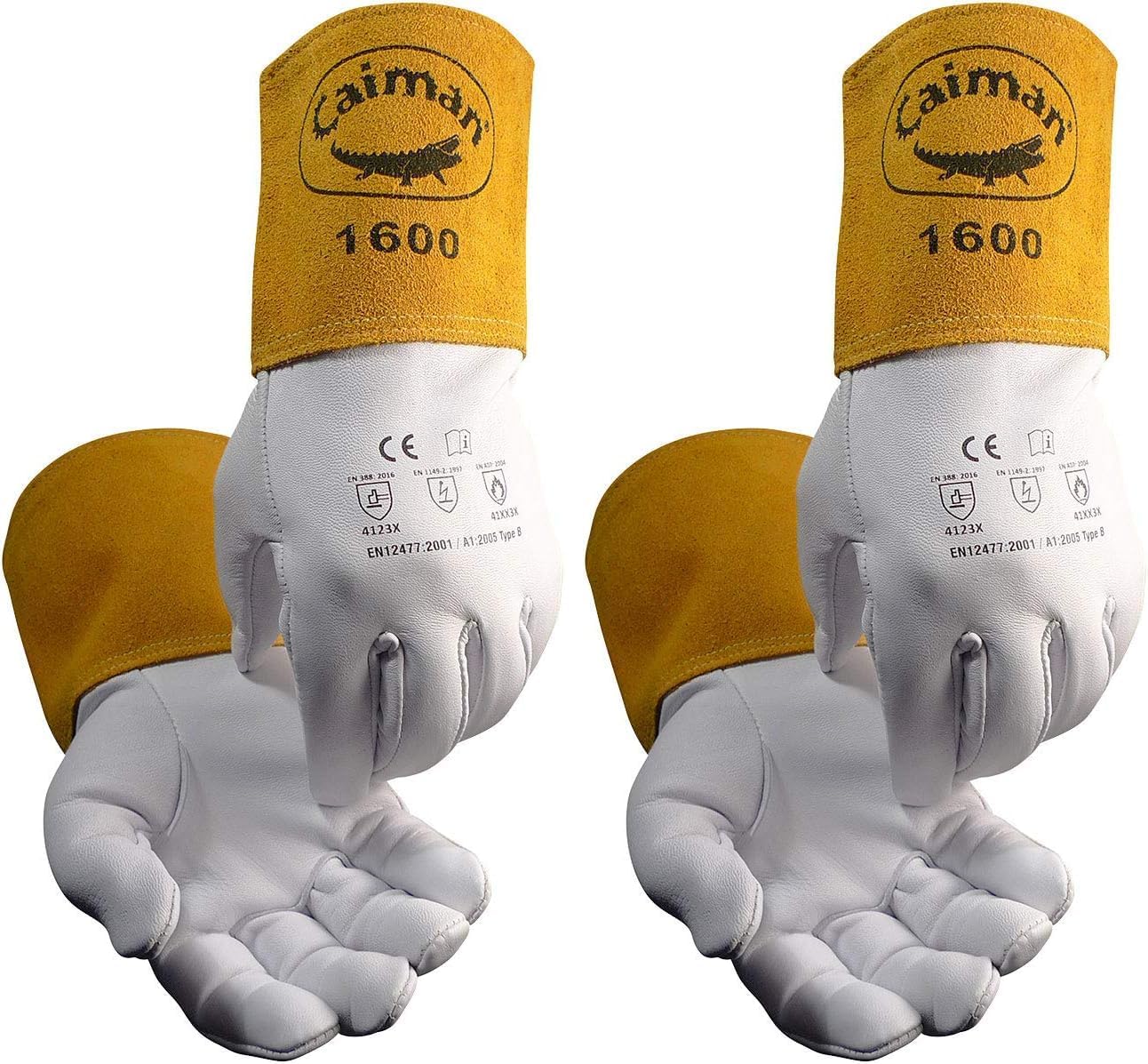 Caiman Premium Goat Grain TIG Welding Gloves, 4-Inch Gold Extended Cuff, Unlined, White/Gold, Medium (1600-4) (Pack of 2)