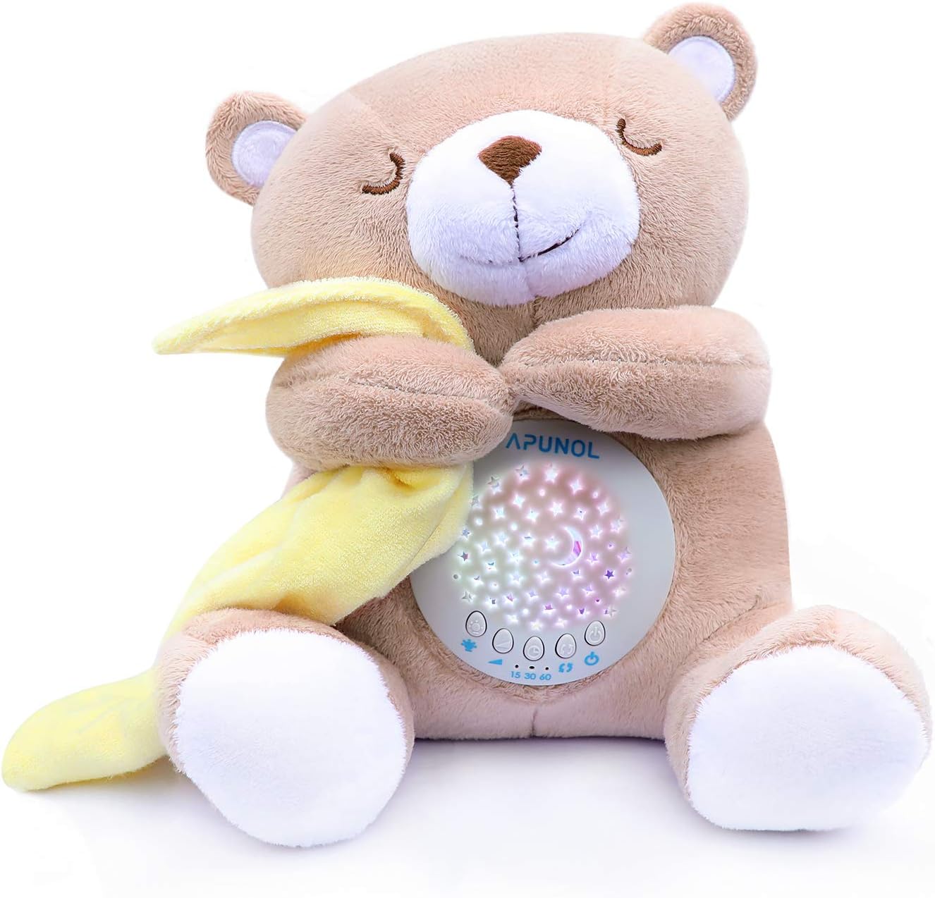 Apunol Baby Sleep Soother, White Noise Sound Machine Projector Night Light, Portable Stuffed Teddy Baby Gifts Bear Toy with 18 Soothing Sounds, Auto-Off Timer, Cry Sensor for Kids