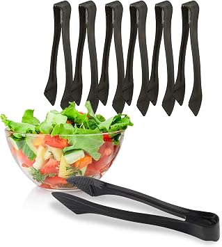PARTY BARGAINS 8.5 Black Plastic Serving Tongs 6-Pack Heavy-Duty Disposable & Reusable Kitchen Tongs for Parties BBQ Buffet Salad Appetizers Catering