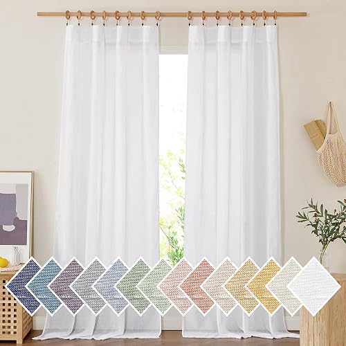 NICETOWN White Linen Sheer 120 inch Curtains for Living Room, Rod Pocket & Back Tab Semi Sheer Window Treatment Privacy with Light Filtering for Farmhouse/Bedroom, W52 x L120, 2 Panels