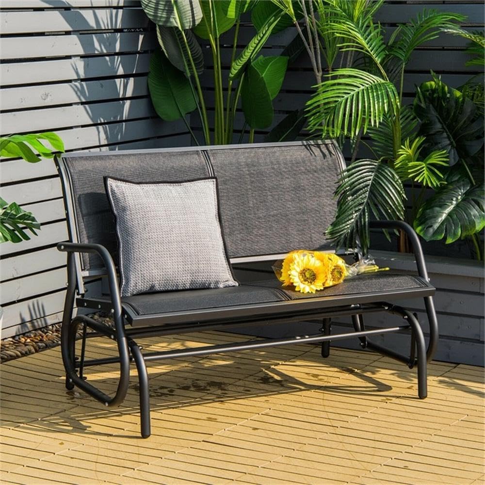 Pemberly Row Outdoor Swing Glider Bench Loveseat, Black Finish, Thickened Steel Frame, Breathable Fabric Seat, Ergonomic Armrests, Smooth Gliding Motion, Ideal for Patio, Garden, Balcony or Backyard