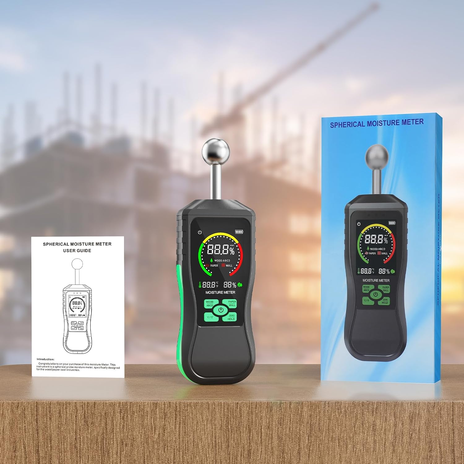 Pinless Moisture Meter, Non-Destructive Spherical Probe Moisture Tester for Wood, Drywall, Concrete & Masonry, Digital Water Leak Detector for Household & Construction Use