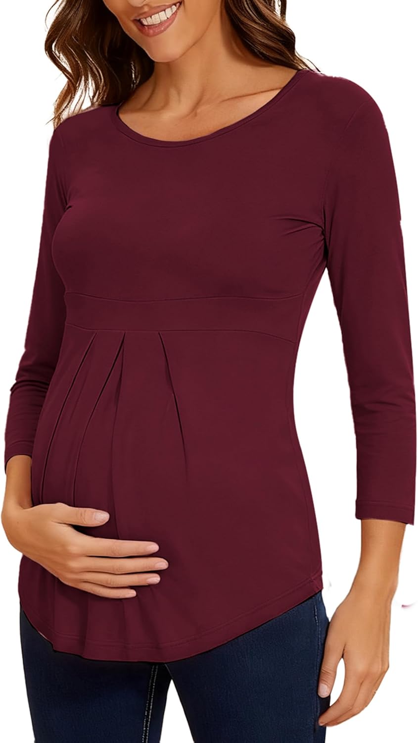 Glampunch Women's Maternity Tops Short & 3/4 Sleeve Round Neck Front Pleat Peplum Tunic Top Pregnancy Shirts