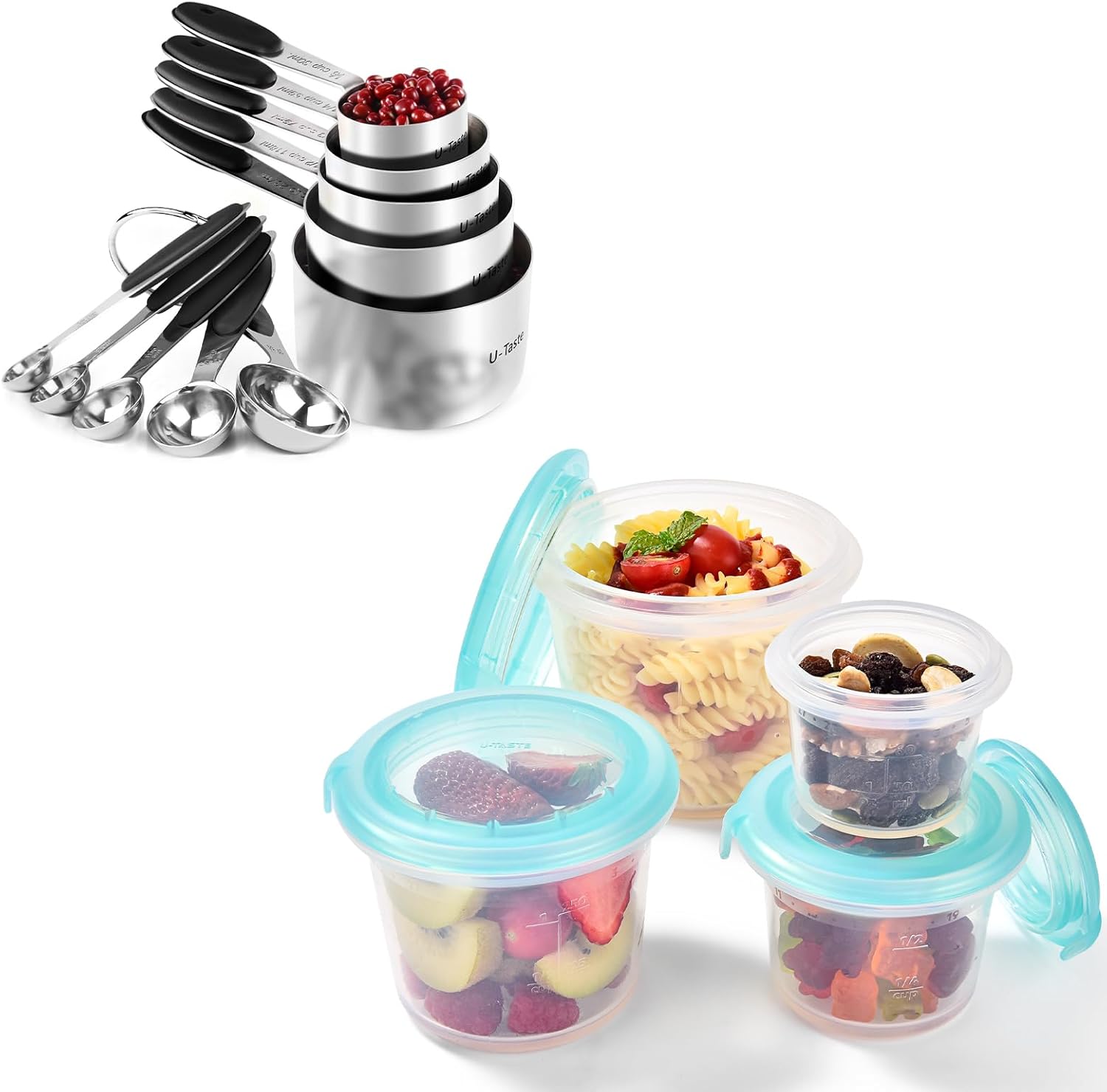 U-Taste 18/8 Stainless Steel Measuring Cups and Spoons Set of 10 (Black) and 2oz/4oz/8oz/16oz Silicone Food Storage Containers Set Meal Prep Box Set of 4 (Aqua Sky)
