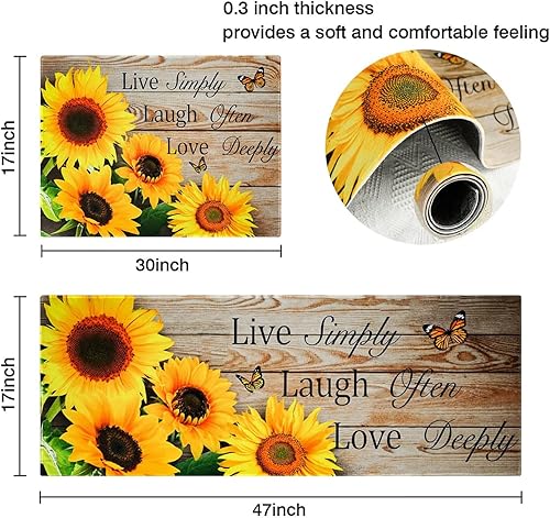 Miniatura 3 de 2 alfombras y tapetes de cocina de girasol en madera, decoración de cocina de granja, antifatiga, antideslizante, lavable, tapete de pie para