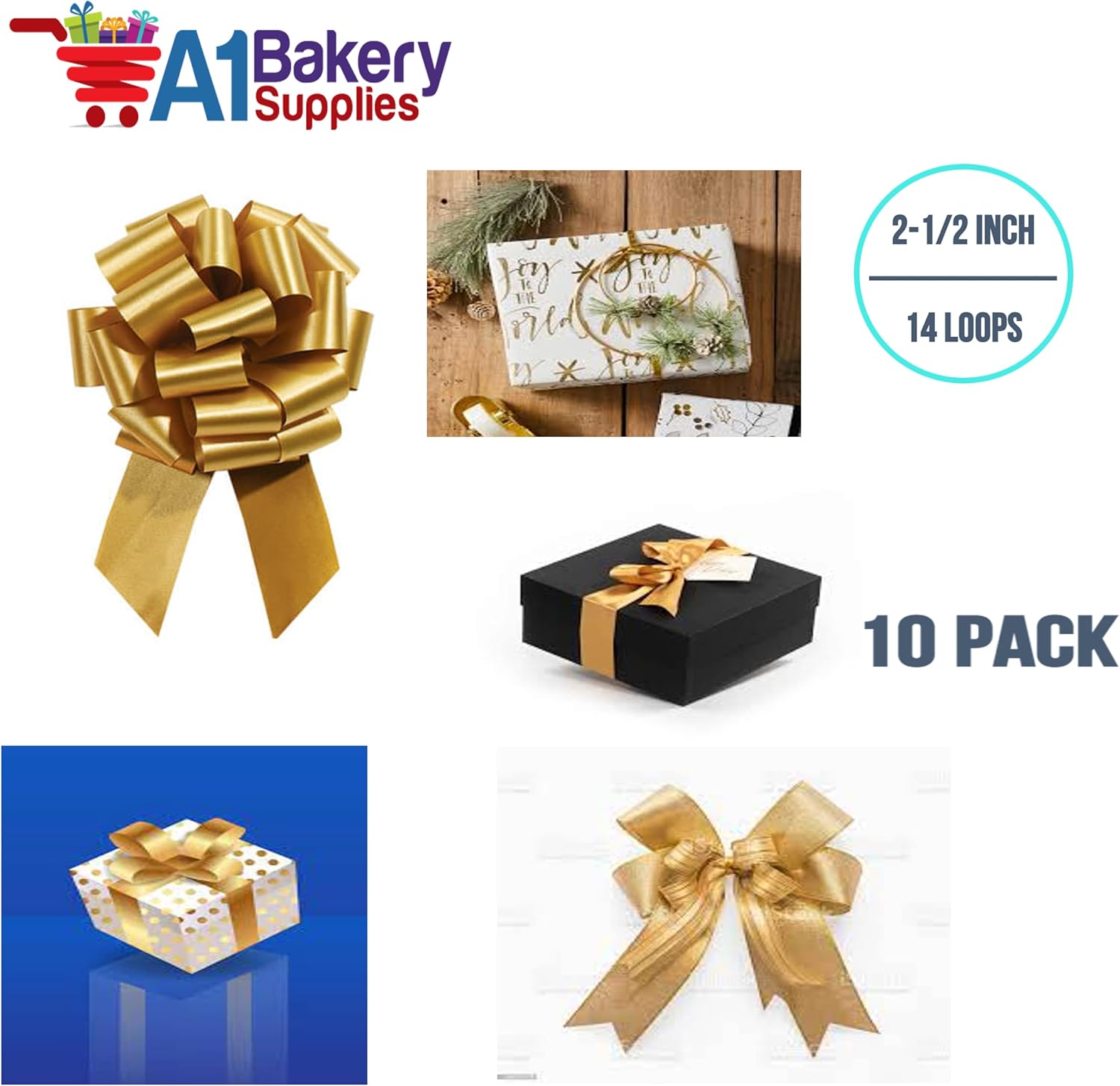 Holiday Gold Pull String Bows - 8 Inch Wide 20 Loops Large (2 and 1/2 Inch Ribbon) Set of 10 by A1 Bakey Supplies