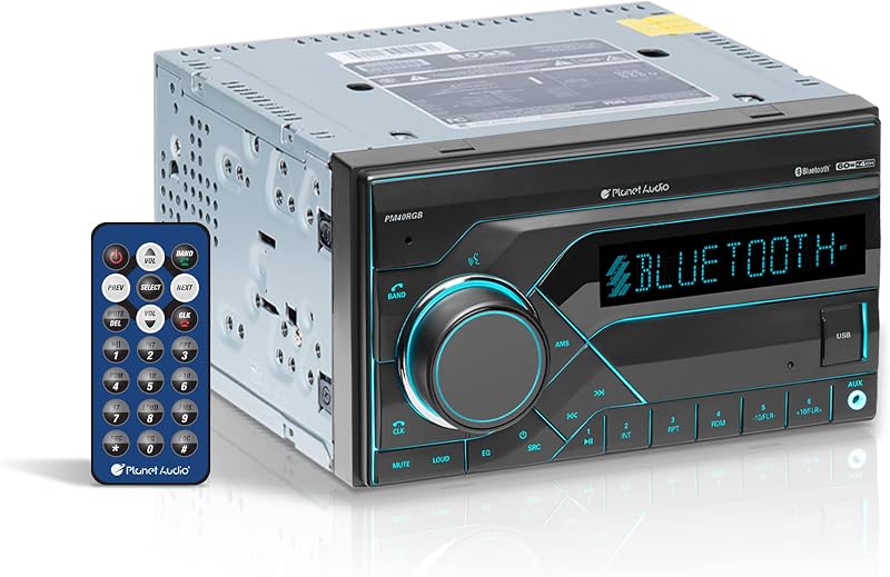 Planet Audio PM40RGB Car Stereo - Double Din, Bluetooth Audio and Hands-Free Calling, MP3 Player, No CD DVD, USB, AUX in, AM/FM Radio Receiver, Multi Color Illumination