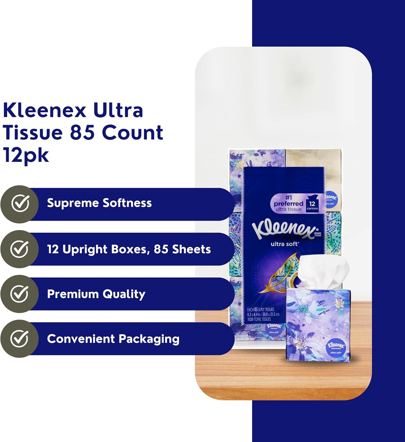 Worldwide Nutrition Bundle Compatible with Kleenex Ultra Soft Facial Tissue - Moisture Lock and Assorted Designs - 12 Upright Facial Tissues Boxes, 85 Sheets per Box with Multi-Purpose Key Chain