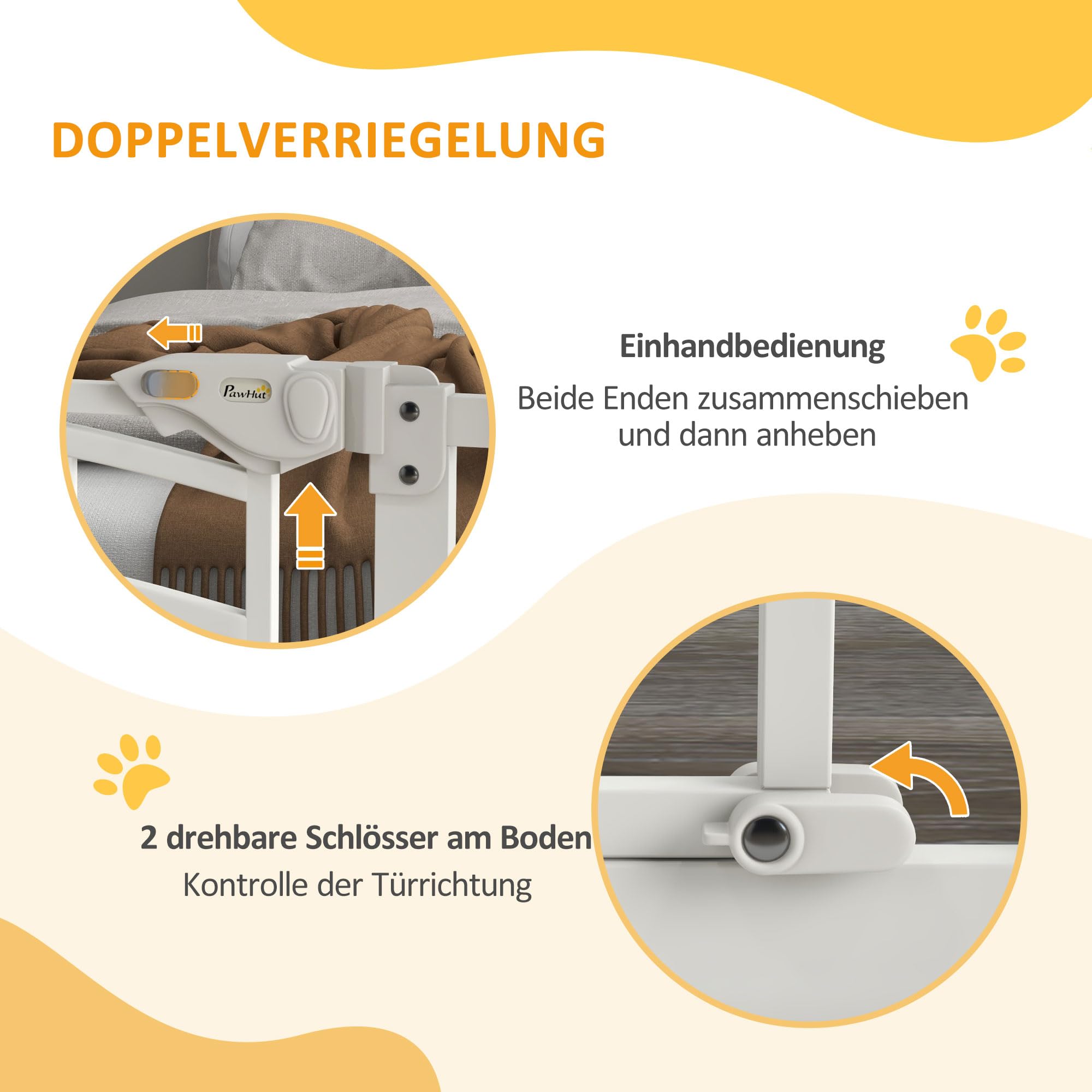 PawHut Türschutzgitter Treppenschutzgitter mit 7/14 cm Verlängerung Türgitter ohne Bohren Treppengitter für Breiten 74-100 cm Einhändiges Öffnen Stahl Weiß