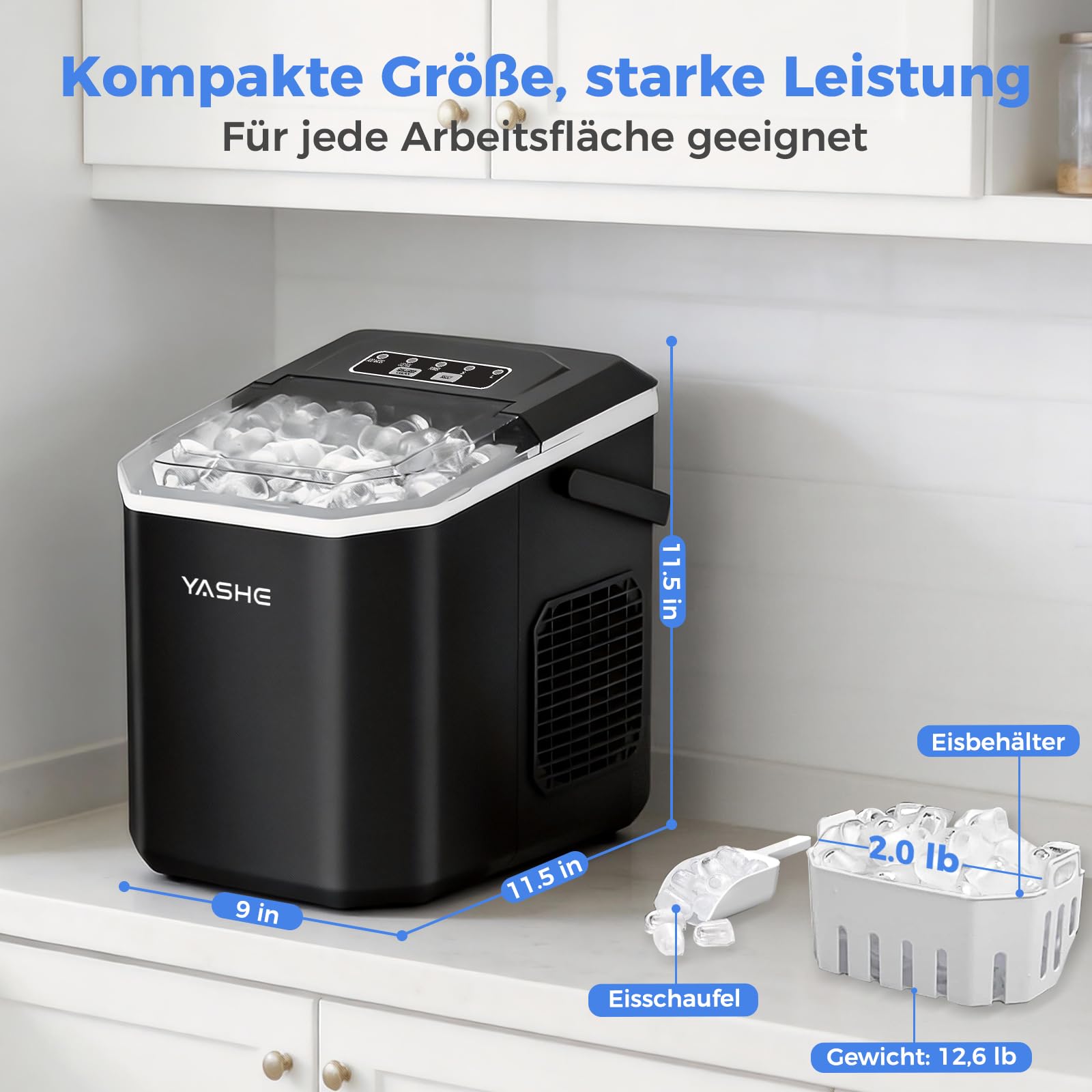 YASHE Eiswürfelmaschine für die Arbeitsplatte, Kugelförmige Eiswürfel in 2 Größen, 9 Eiswürfel in 6 Minuten, 12kg Eis pro Tag, Selbstreinigende Tragbare Eismaschine mit Tragegriff für Küche, Camping