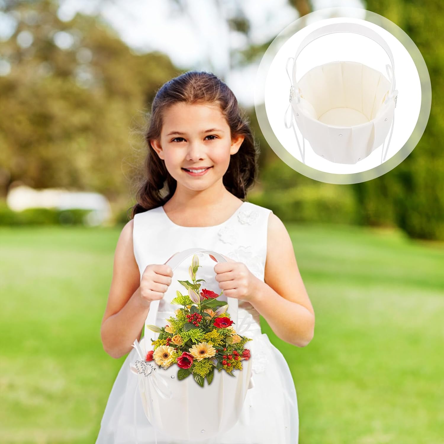 Small White Flower Girl Basket with Handle, 13×22cm Ivory Wedding Basket for Flower Girl Ceremony, European Style with Rhinestone Bow Decoration, Bridal Wedding Accessory