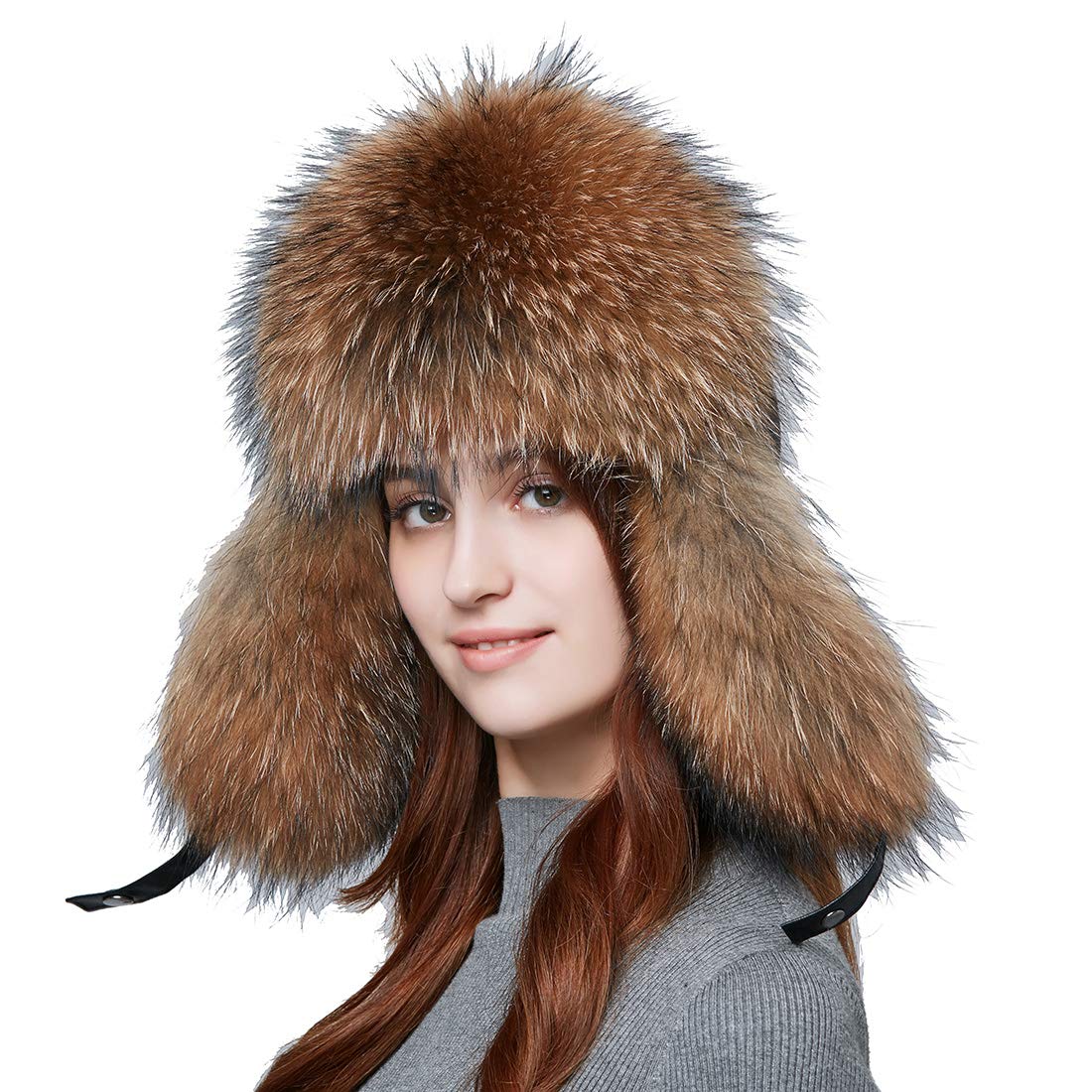 BeFur Chapeau de Fourrure d'hiver Pilote Receveur Vrai Fourrure de Renard et de Raton Laveur