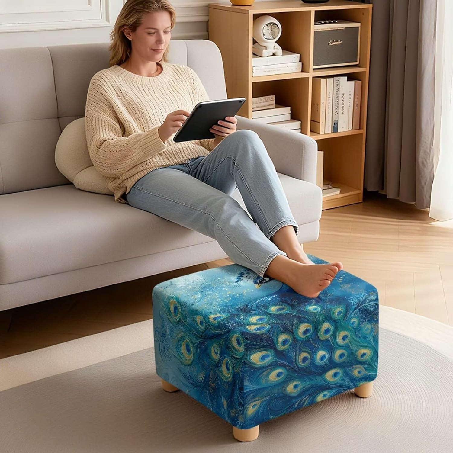 Ottoman Cover Square Ottoman Slipcover Washable Footrest Stool Cover Stain-Resistant Furniture Protector Pet Friendly Footstool Slipcovers, 1 Pcs, Large, Peacock Blue Green
