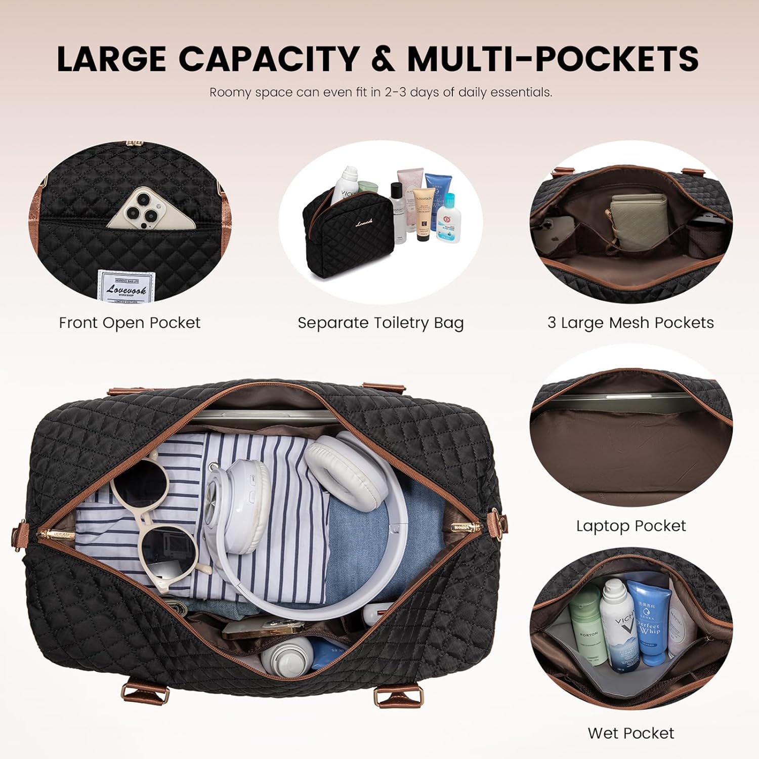 LOVEVOOK Travel Duffle Bag,Weekender Bags for Women with Shoe Compartment，Carry on Overnight Bag with Toiletry Bag,Gym Duffel Bag with Wet Pocket, Hospital Bags for Labor and Delivery - Image 3